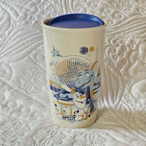 Disney Epcot 50th Anniversary Starbucks 12 Oz Ceramic Tumbler With Blue Lid